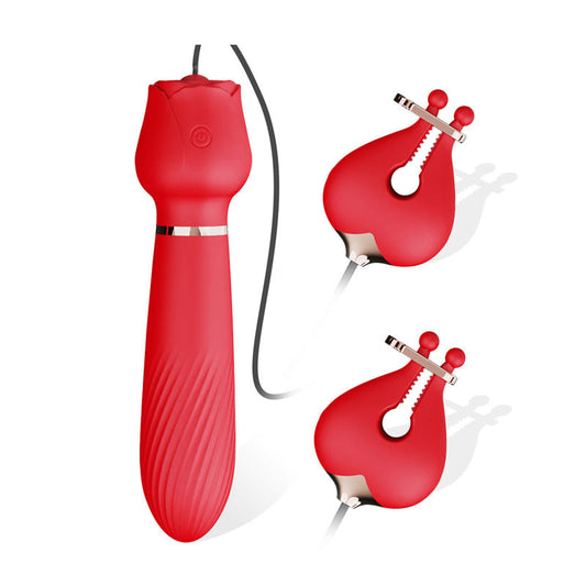 Vibrating Rose Toy Wand Massager with Nipple Clamps